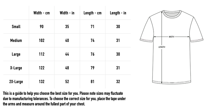 Size chart for Tie Dye Tour Tee - Blue/White